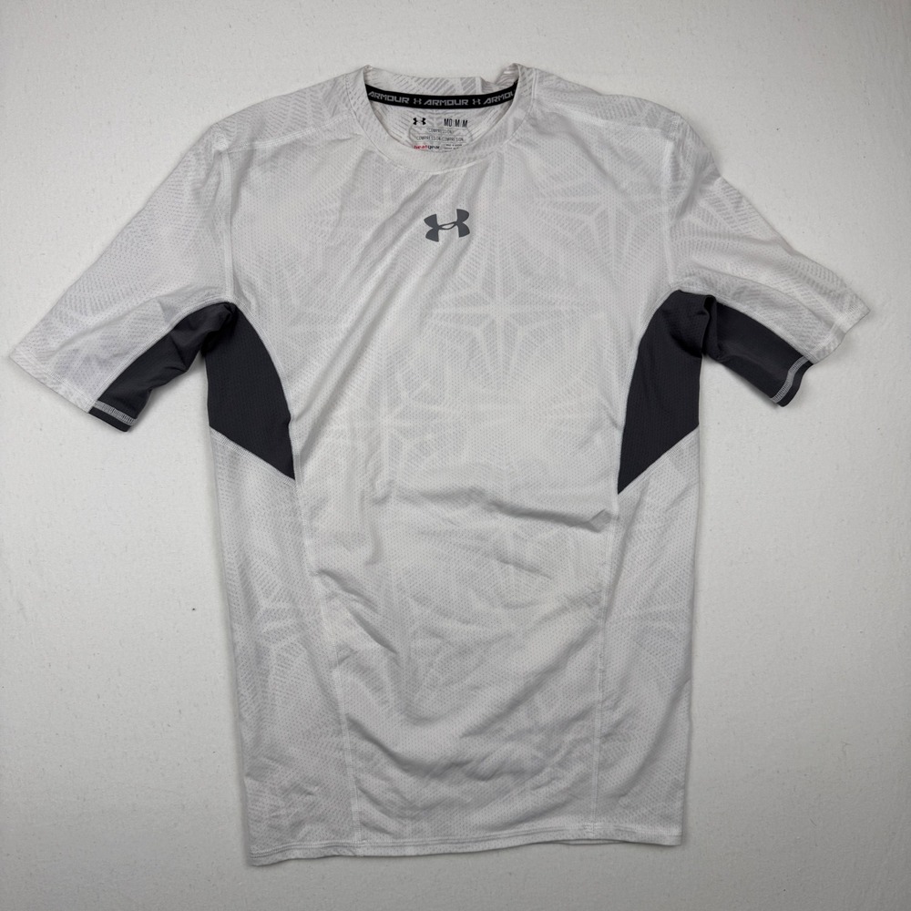 Under Armour Mens HeatGear Compression Shirt White Gray Short Sleeve Medium